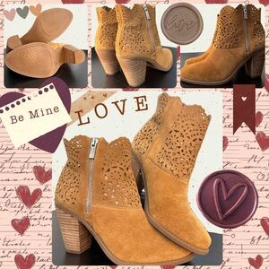 Jessica Simpson Camel Suede Cutout Booties 7 Laser Cut Ankle Heel Boho Western